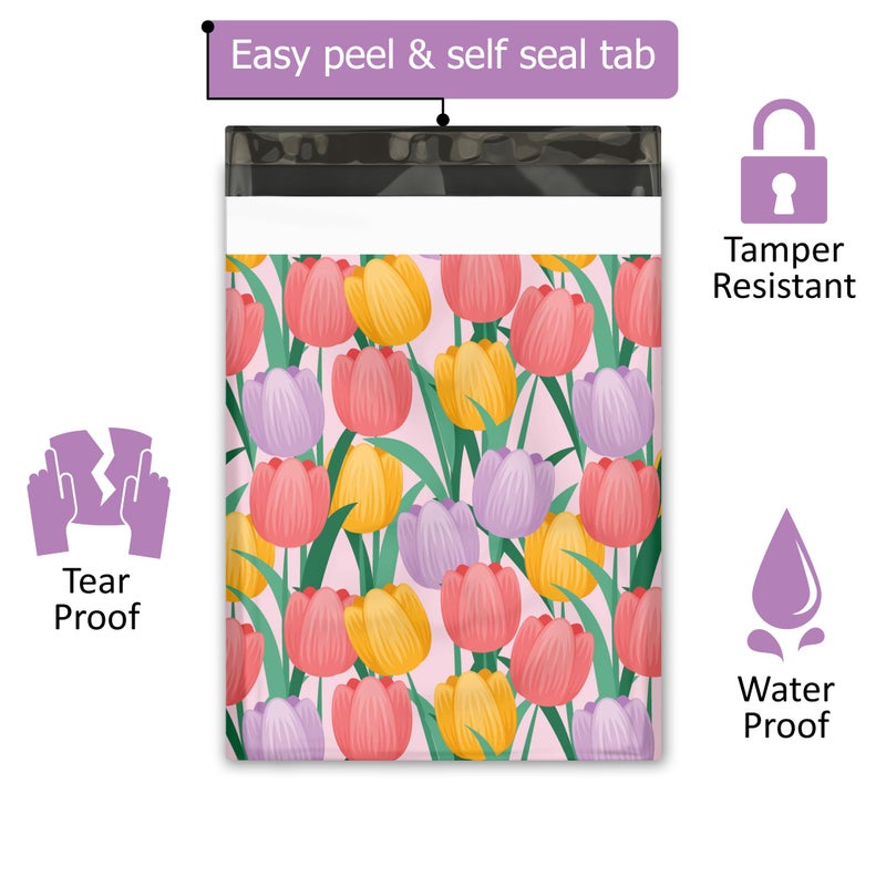 Pro Supply Global 10x13 (100) Trendy Tulip Flowers Floral Summer Designer Poly Mailers Waterproof Self Sealing Tear Resistant Polymailers Shipping Envelopes Premium Printed Bags For Small Businesses - Image 2